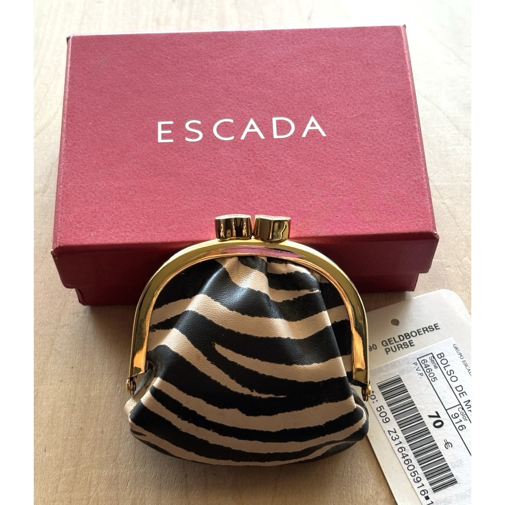 Vtg Escada Tiger Stripe Coin Purse Heart Kiss Clasp Original Box Tags Germany